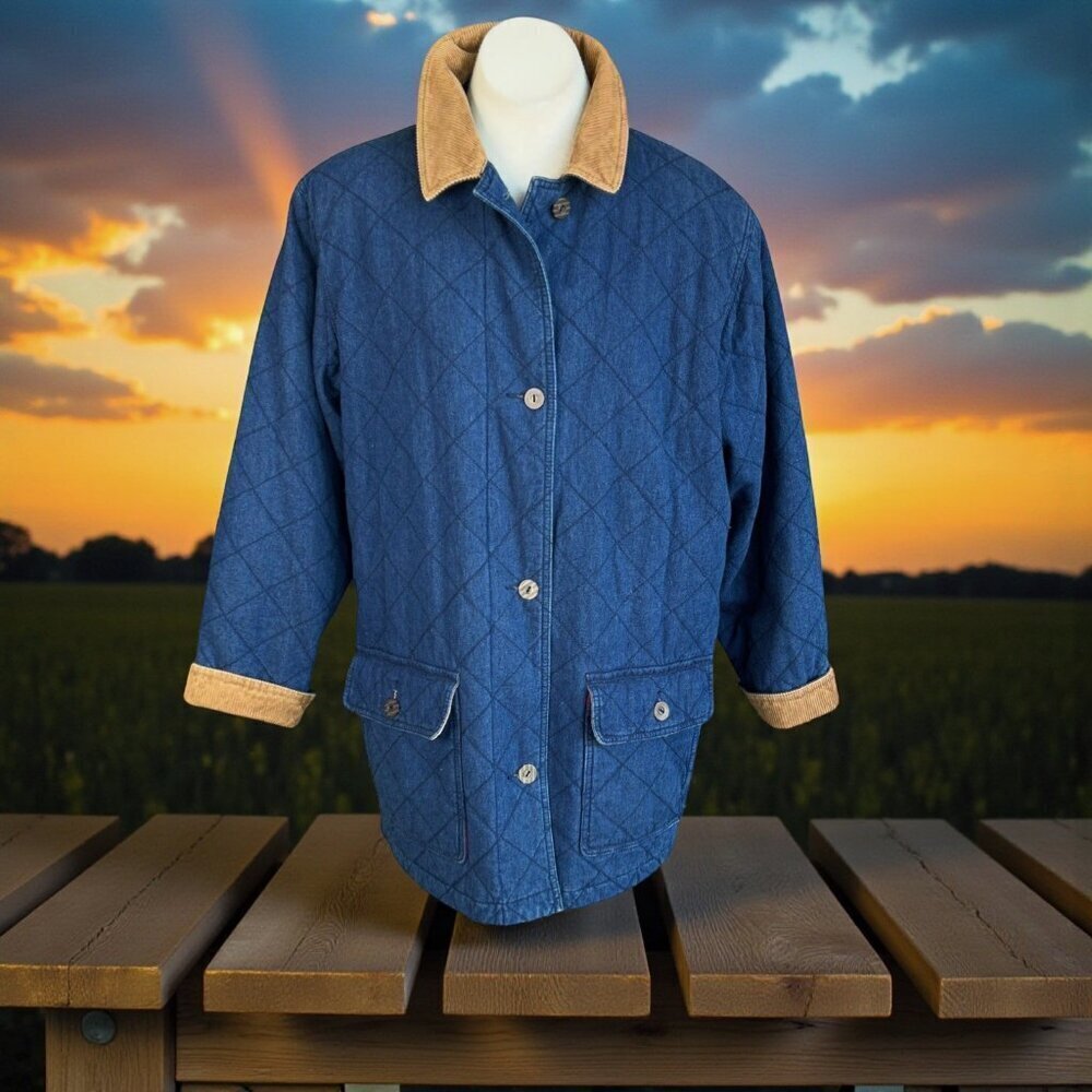 Eddie Bauer Chore Barn Jacket Denim Quilted Corduroy Collar Cuffs 90s Size Large